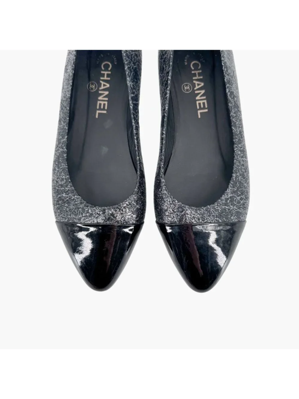 Chanel CC Cap Toe Ballet Flats Black Silver Leather Size 37.5 US 6.5–7 Women